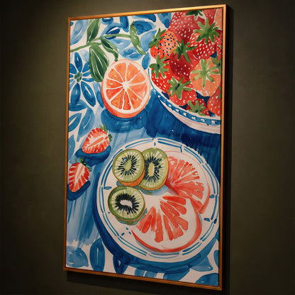 Vivid Fruits on Plates Canvas Print for Kitchen Walls shown in antique gold floating frame