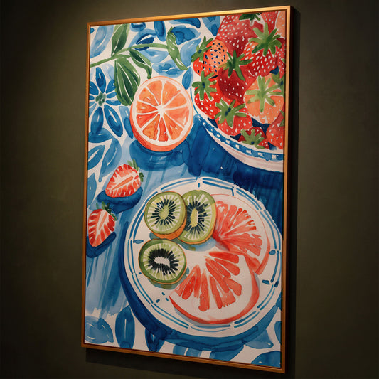 Vivid Fruits on Plates Canvas Print for Kitchen Walls shown in antique gold floating frame