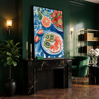 Vivid Fruits on Plates Canvas Print for Kitchen Walls in black floating frame