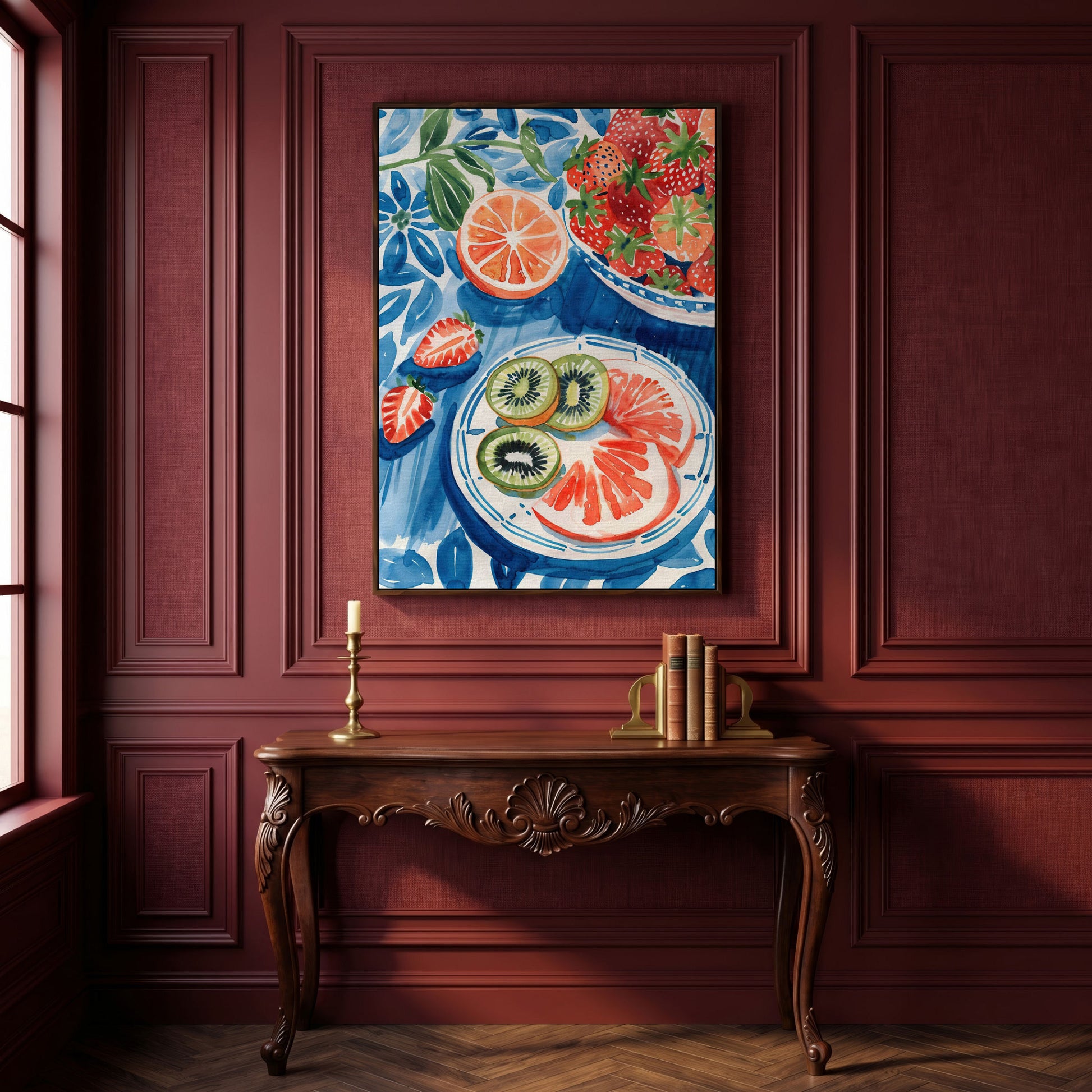 Vivid Fruits on Plates Canvas Print for Kitchen Walls in dark walnut floating frame