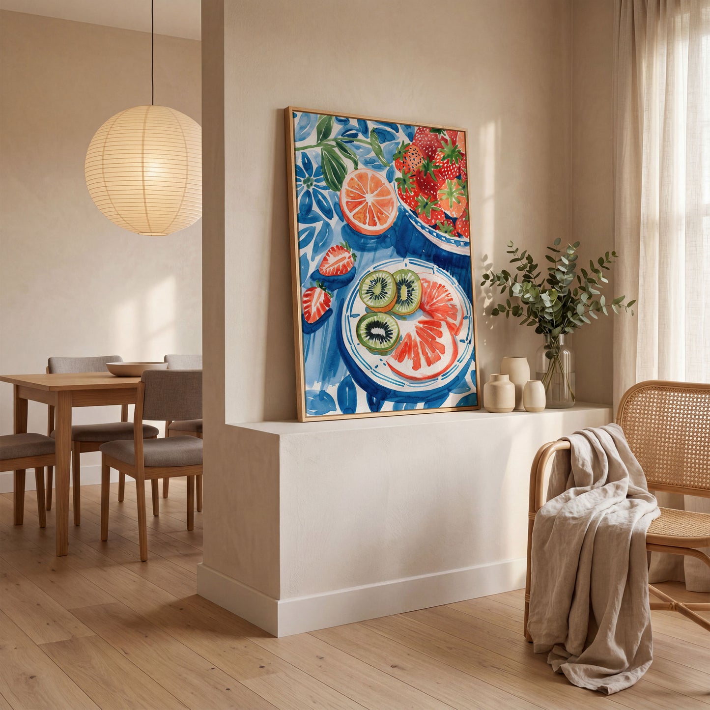 Vivid Fruits on Plates Canvas Print for Kitchen Walls in white oak floating frame