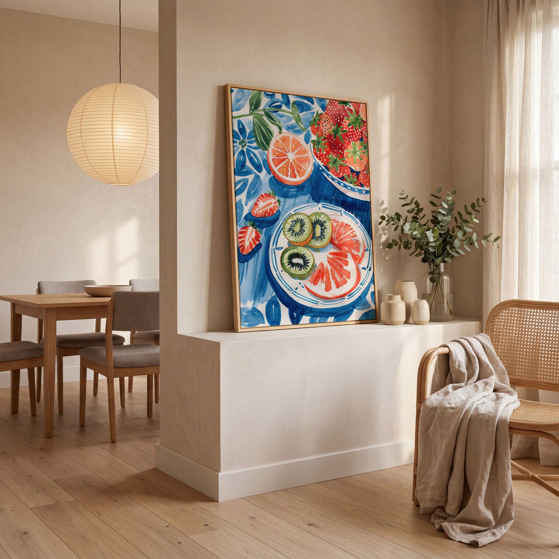 Vivid Fruits on Plates Canvas Print for Kitchen Walls in white oak floating frame