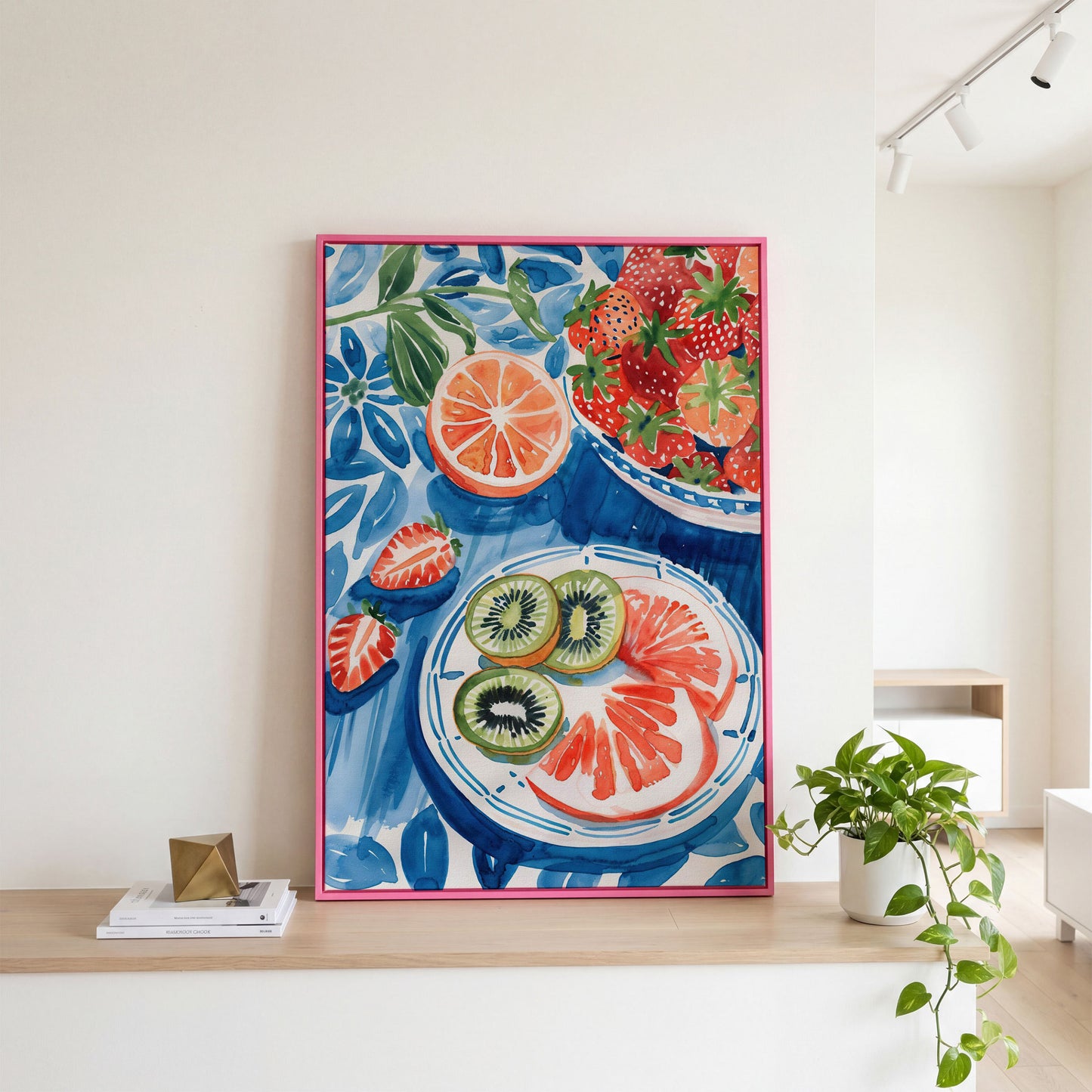 Vivid Fruits on Plates Canvas Print for Kitchen Walls in pink floating frame