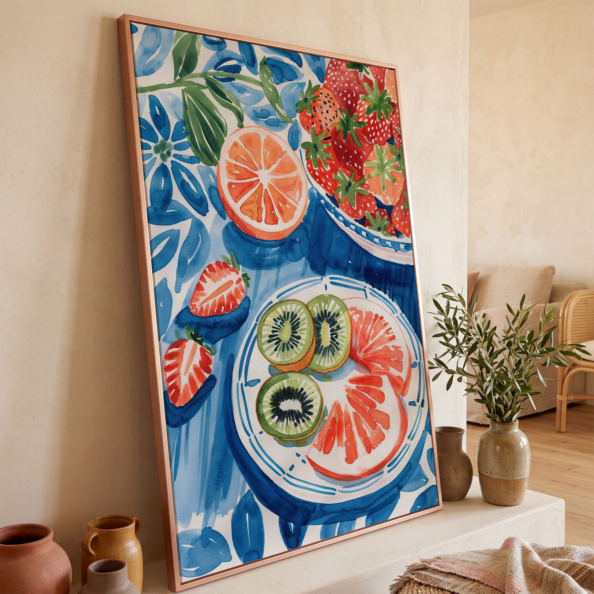 Vivid Fruits on Plates Canvas Print for Kitchen Walls in rose gold floating frame