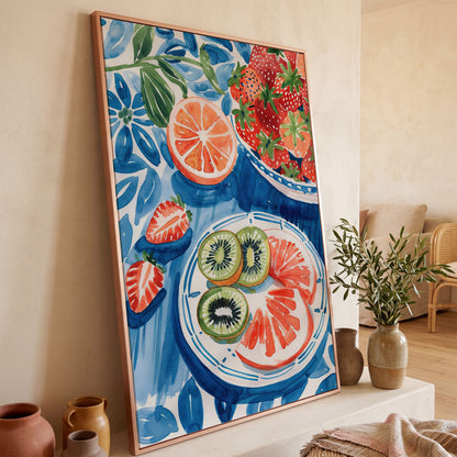 Vivid Fruits on Plates Canvas Print for Kitchen Walls in rose gold floating frame