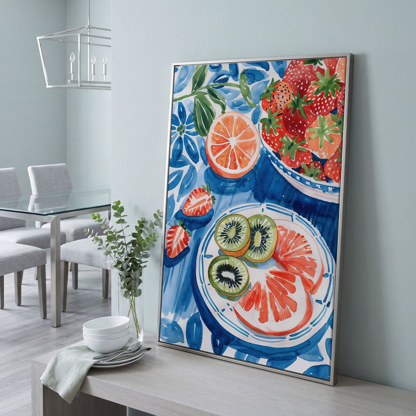 Vivid Fruits on Plates Canvas Print for Kitchen Walls in silver floating frame