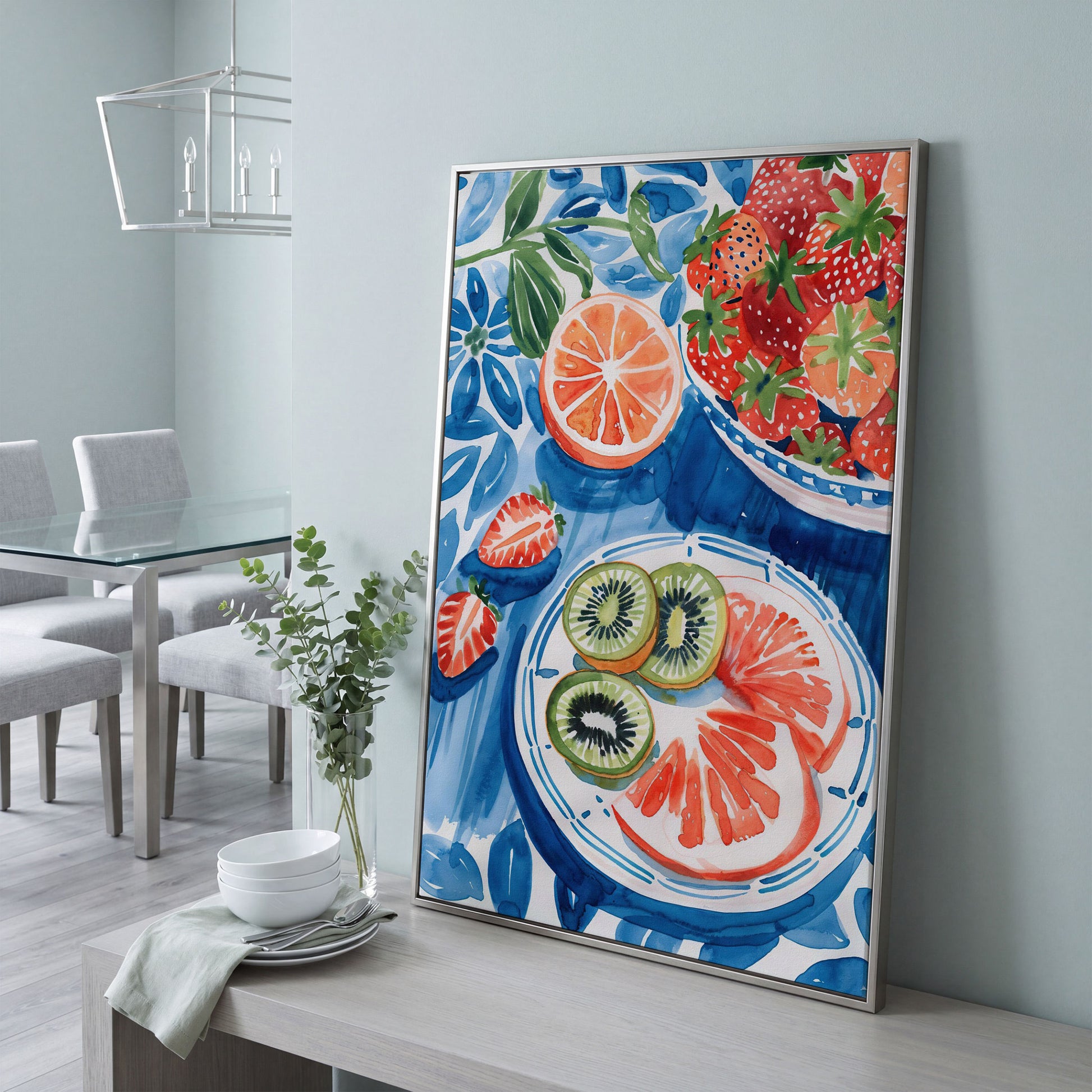 Vivid Fruits on Plates Canvas Print for Kitchen Walls in silver floating frame