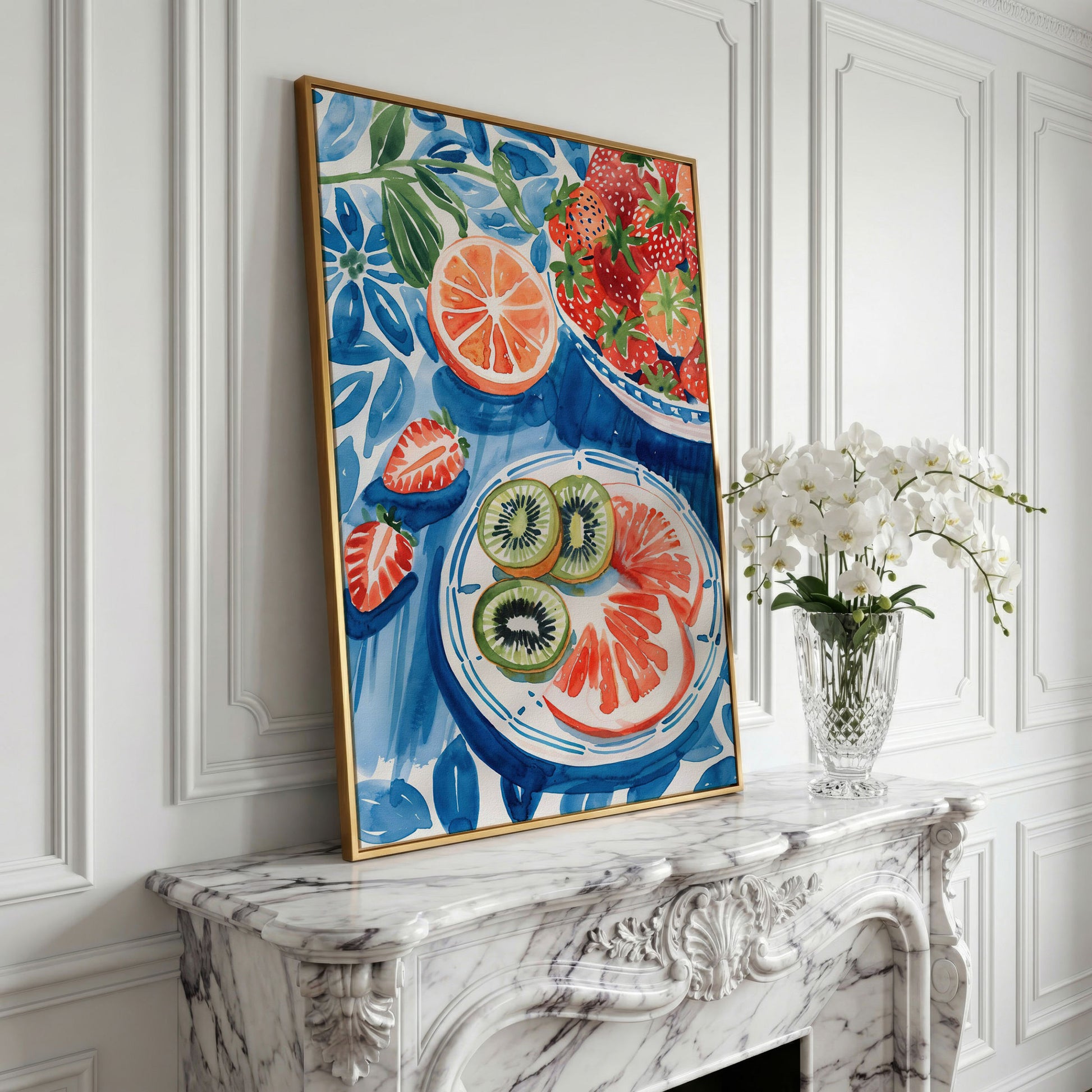 Vivid Fruits on Plates Canvas Print for Kitchen Walls in yellow gold floating frame