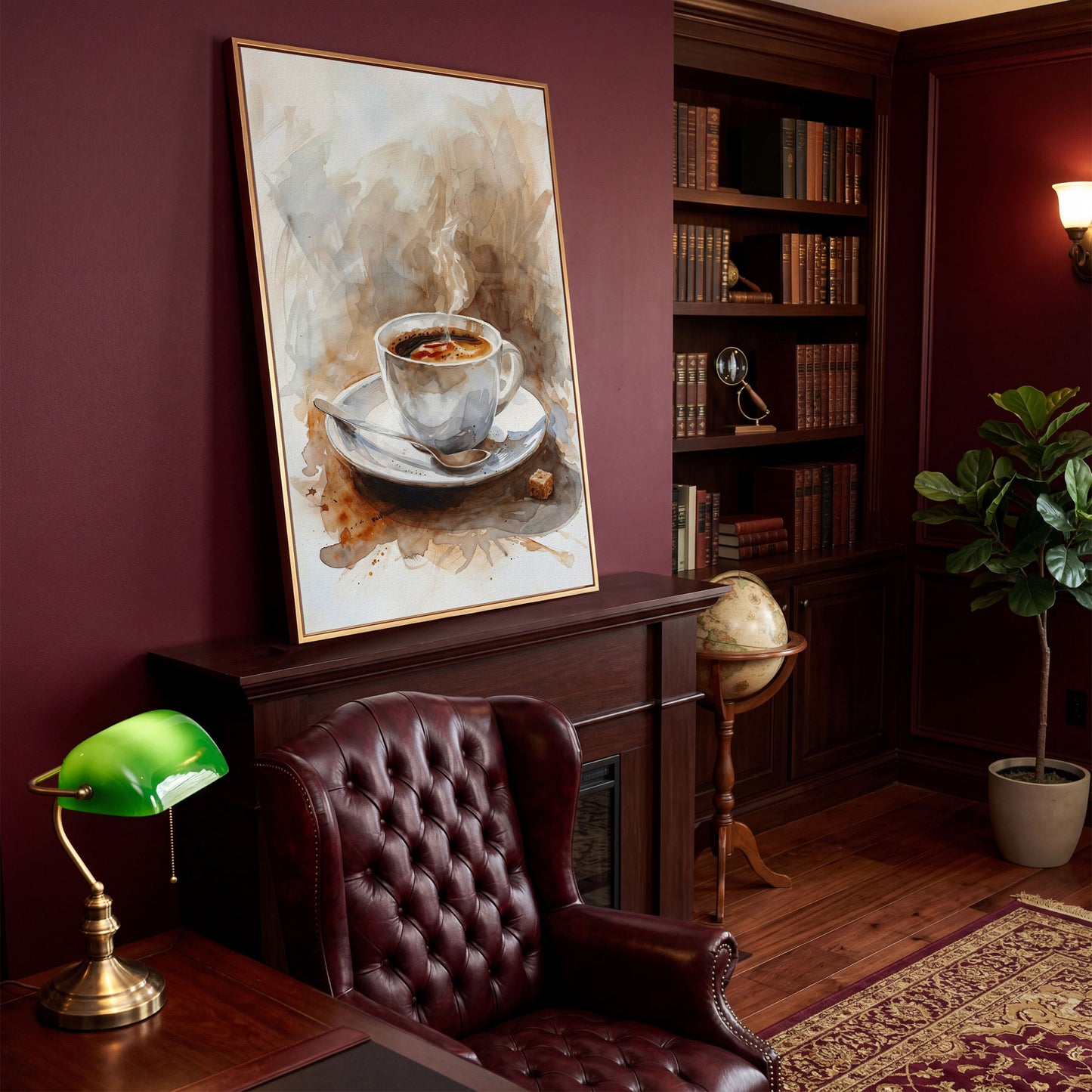 Elegant Coffee Cup Canvas Print for Modern Kitchen in antique gold floating frame