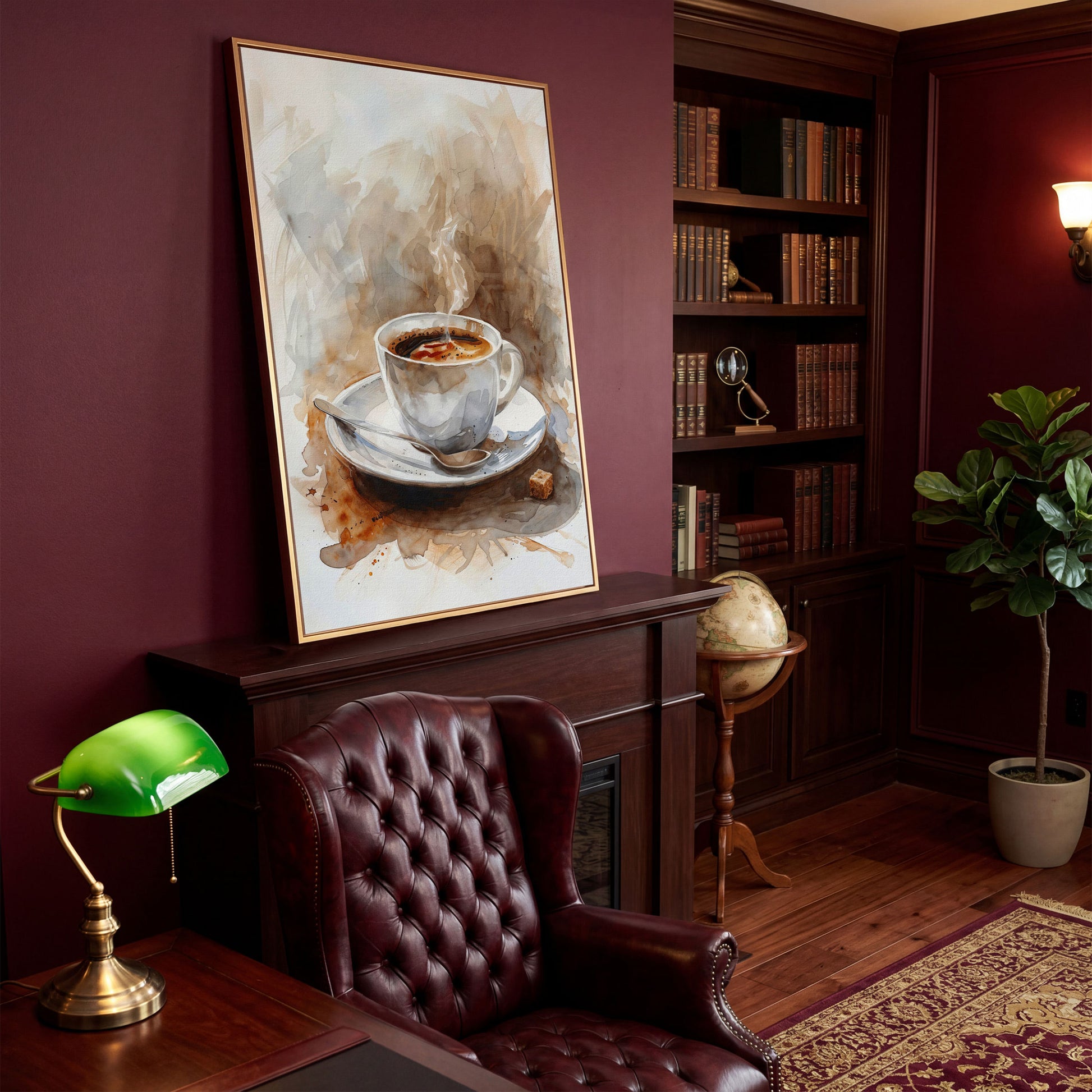 Elegant Coffee Cup Canvas Print for Modern Kitchen in antique gold floating frame
