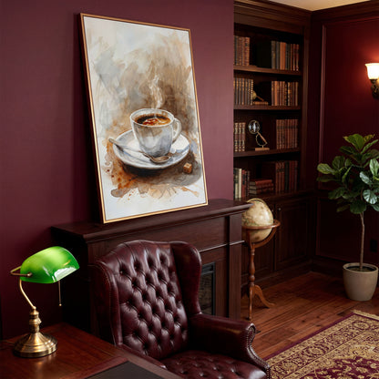 Elegant Coffee Cup Canvas Print for Modern Kitchen in antique gold floating frame
