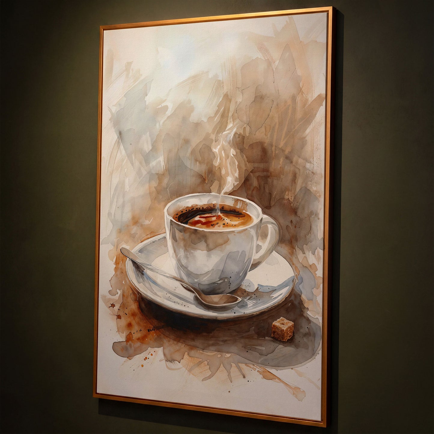 Elegant Coffee Cup Canvas Print for Modern Kitchen shown in antique gold floating frame