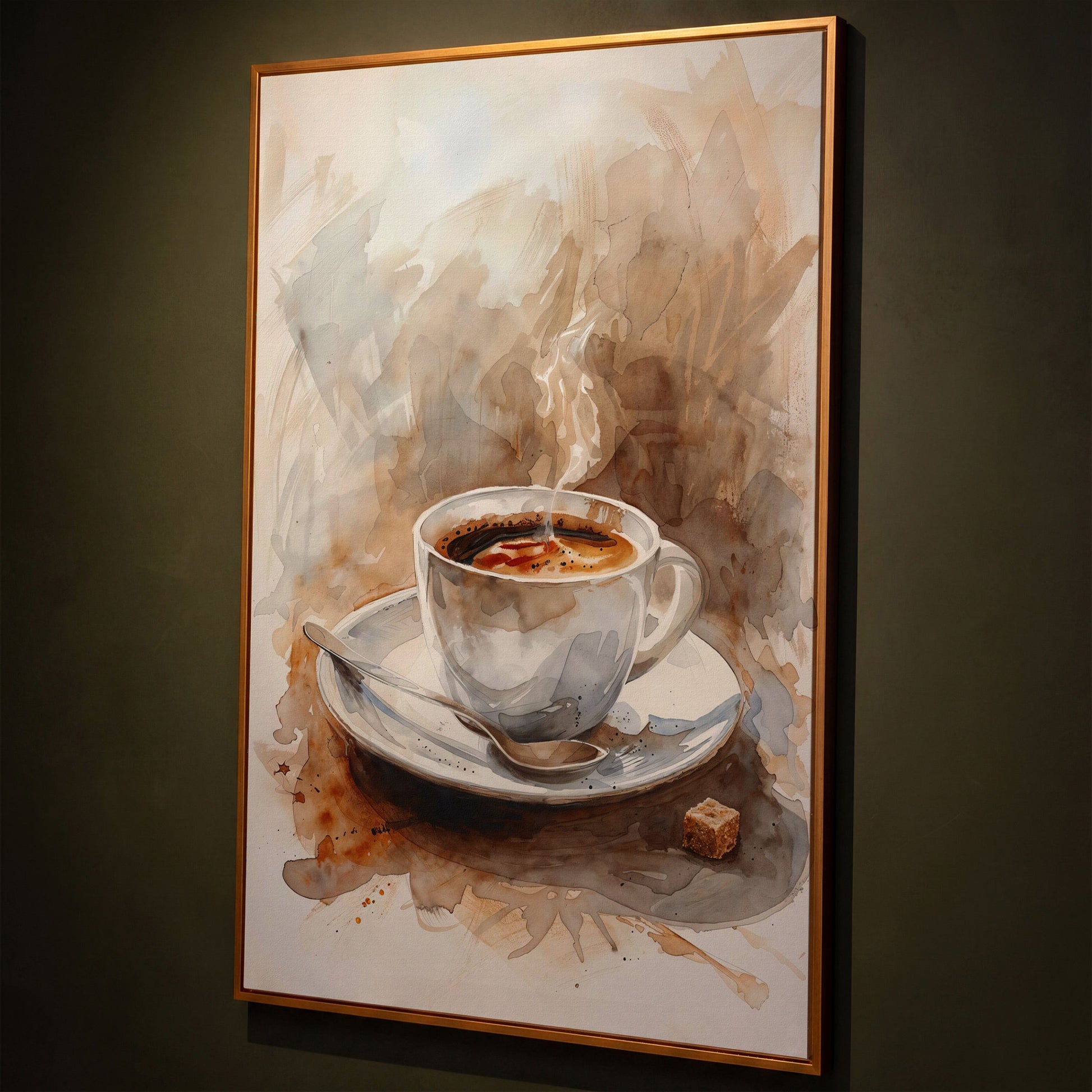 Elegant Coffee Cup Canvas Print for Modern Kitchen shown in antique gold floating frame