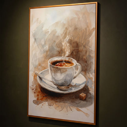 Elegant Coffee Cup Canvas Print for Modern Kitchen shown in antique gold floating frame