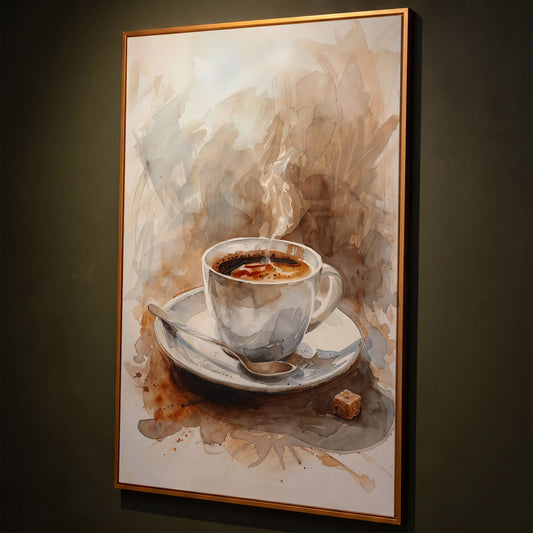 Elegant Coffee Cup Canvas Print for Modern Kitchen shown in antique gold floating frame