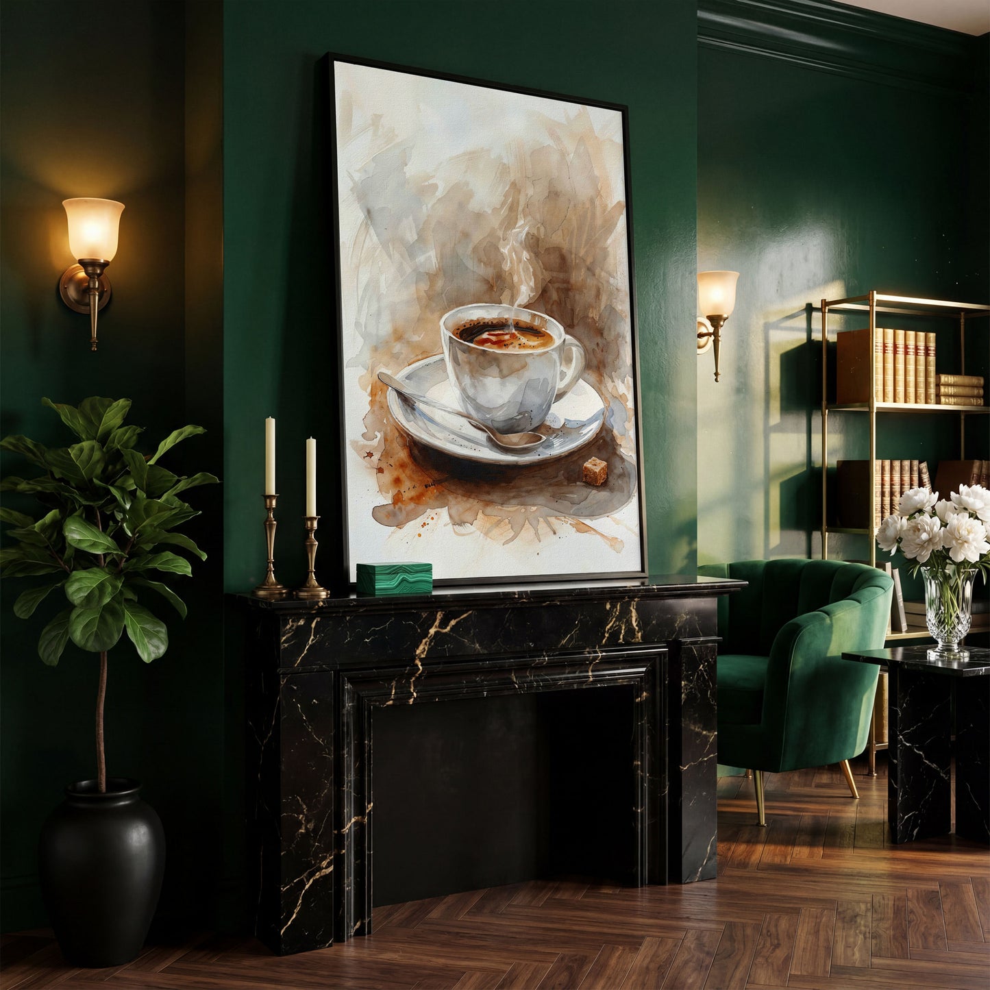 Elegant Coffee Cup Canvas Print for Modern Kitchen in black floating frame