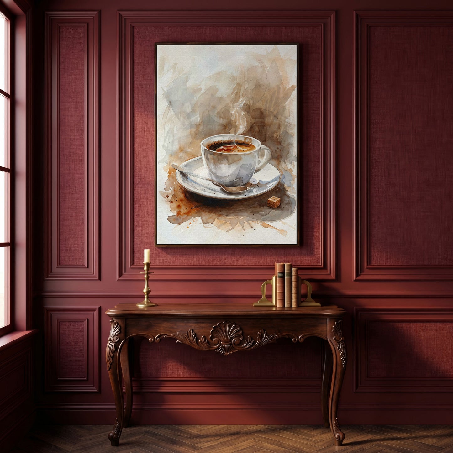 Elegant Coffee Cup Canvas Print for Modern Kitchen in dark walnut floating frame