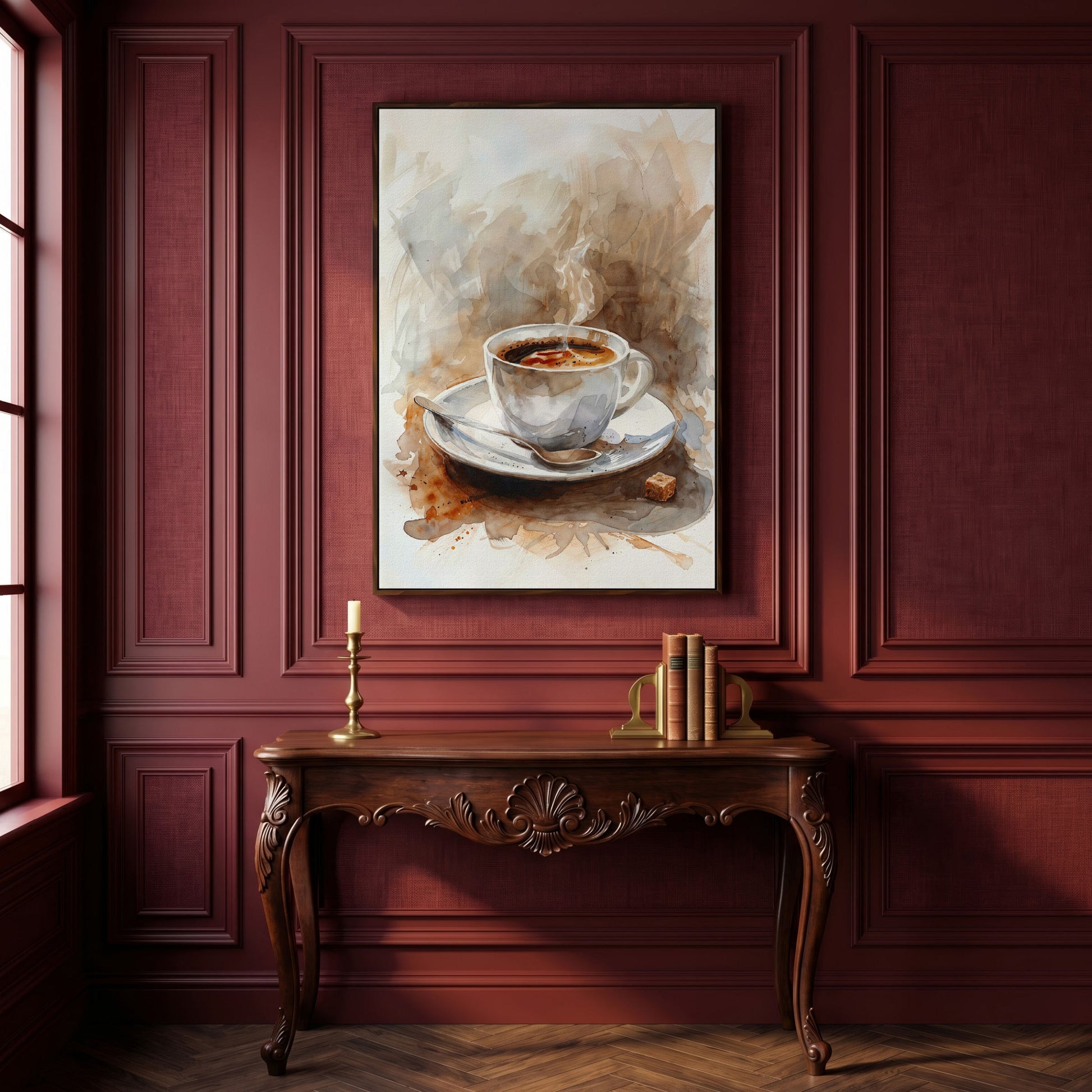 Elegant Coffee Cup Canvas Print for Modern Kitchen in dark walnut floating frame