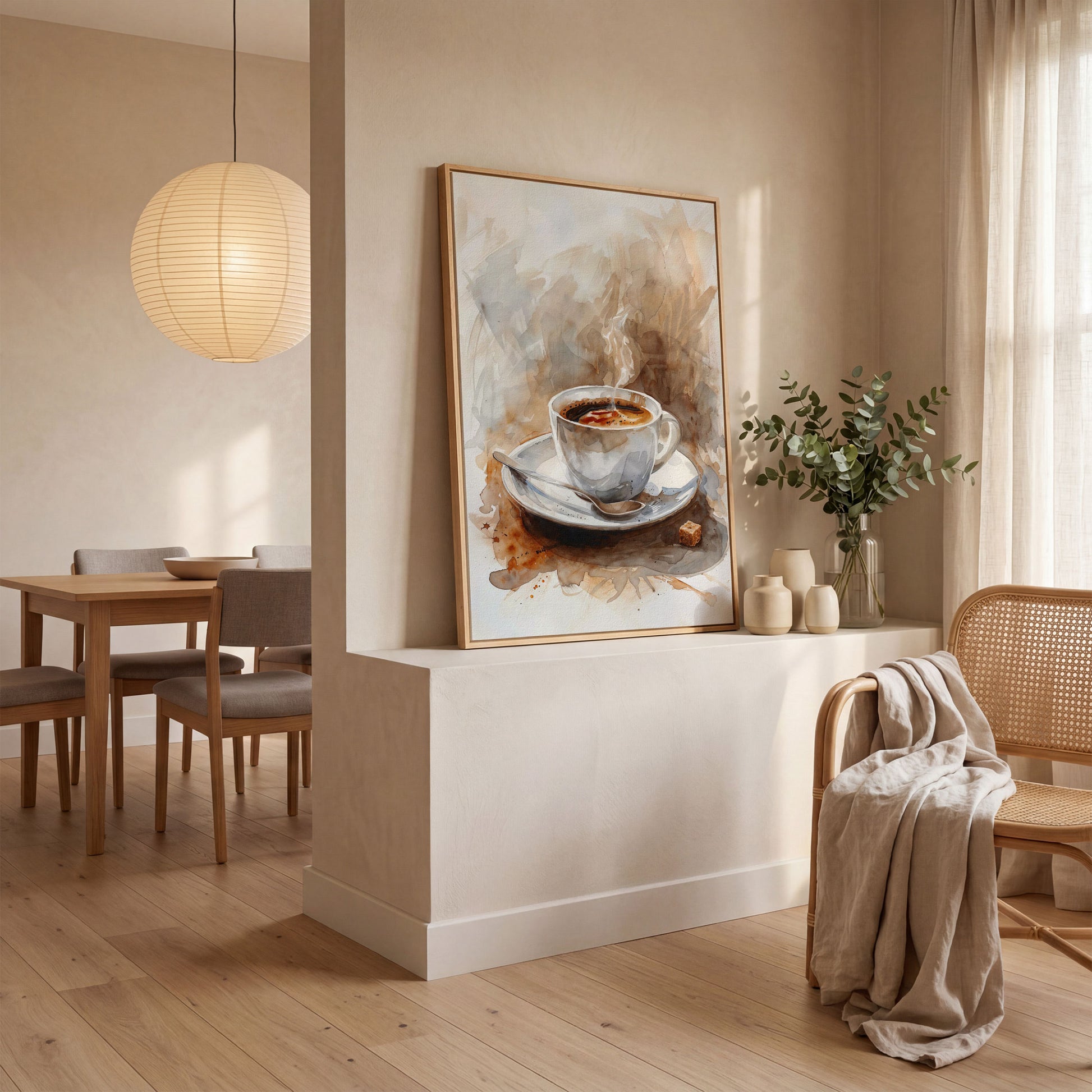 Elegant Coffee Cup Canvas Print for Modern Kitchen in white oak floating frame