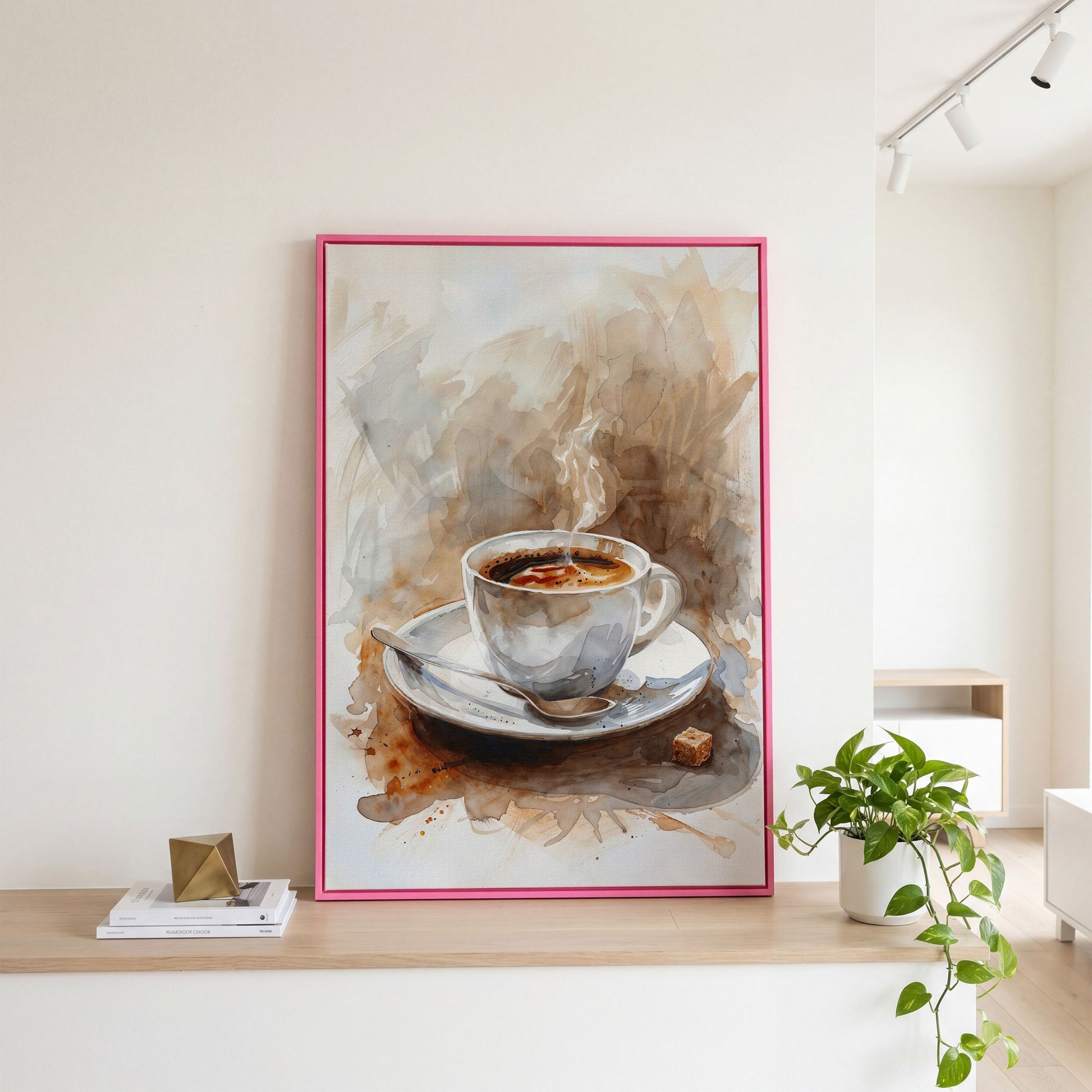 Elegant Coffee Cup Canvas Print for Modern Kitchen in pink floating frame