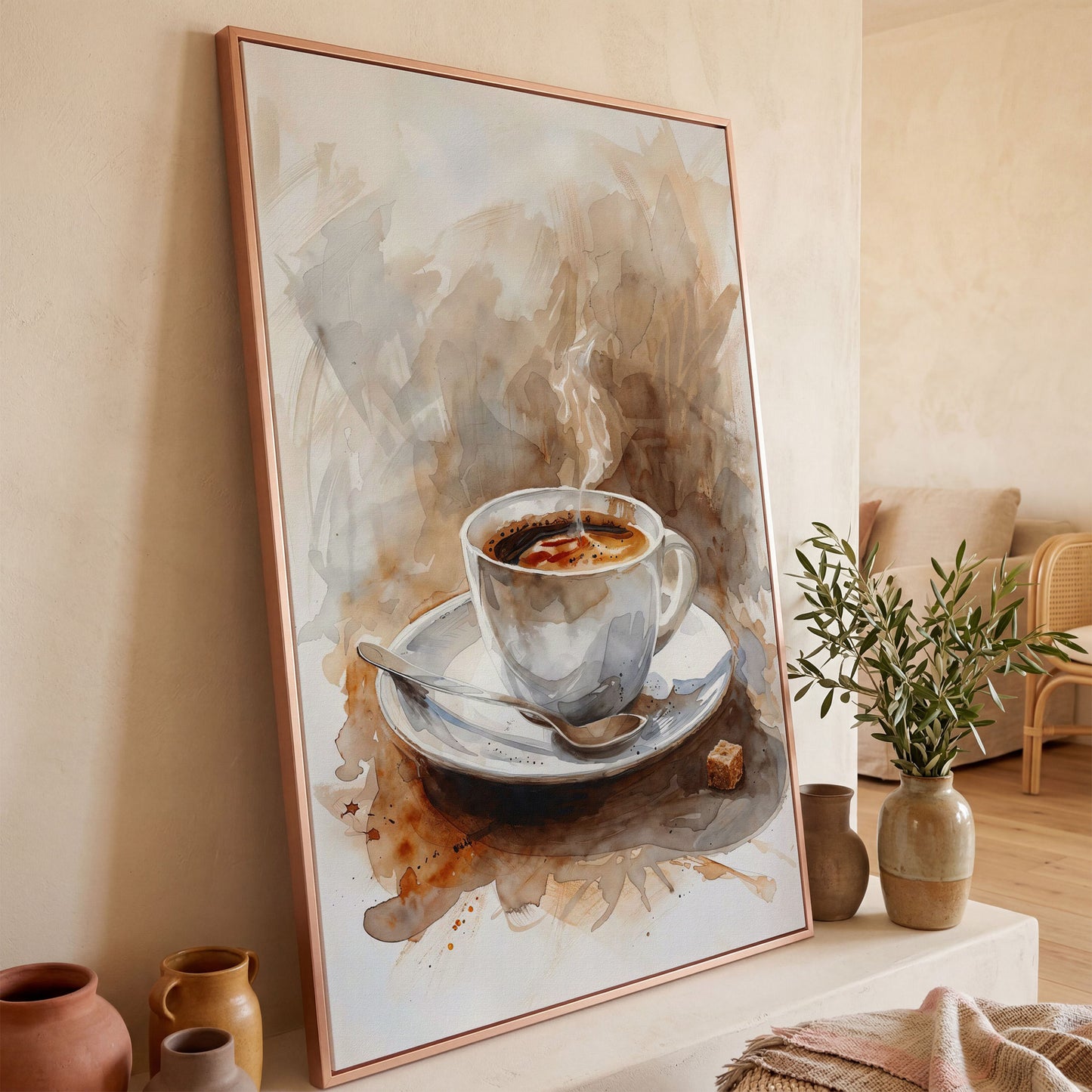 Elegant Coffee Cup Canvas Print for Modern Kitchen in rose gold floating frame