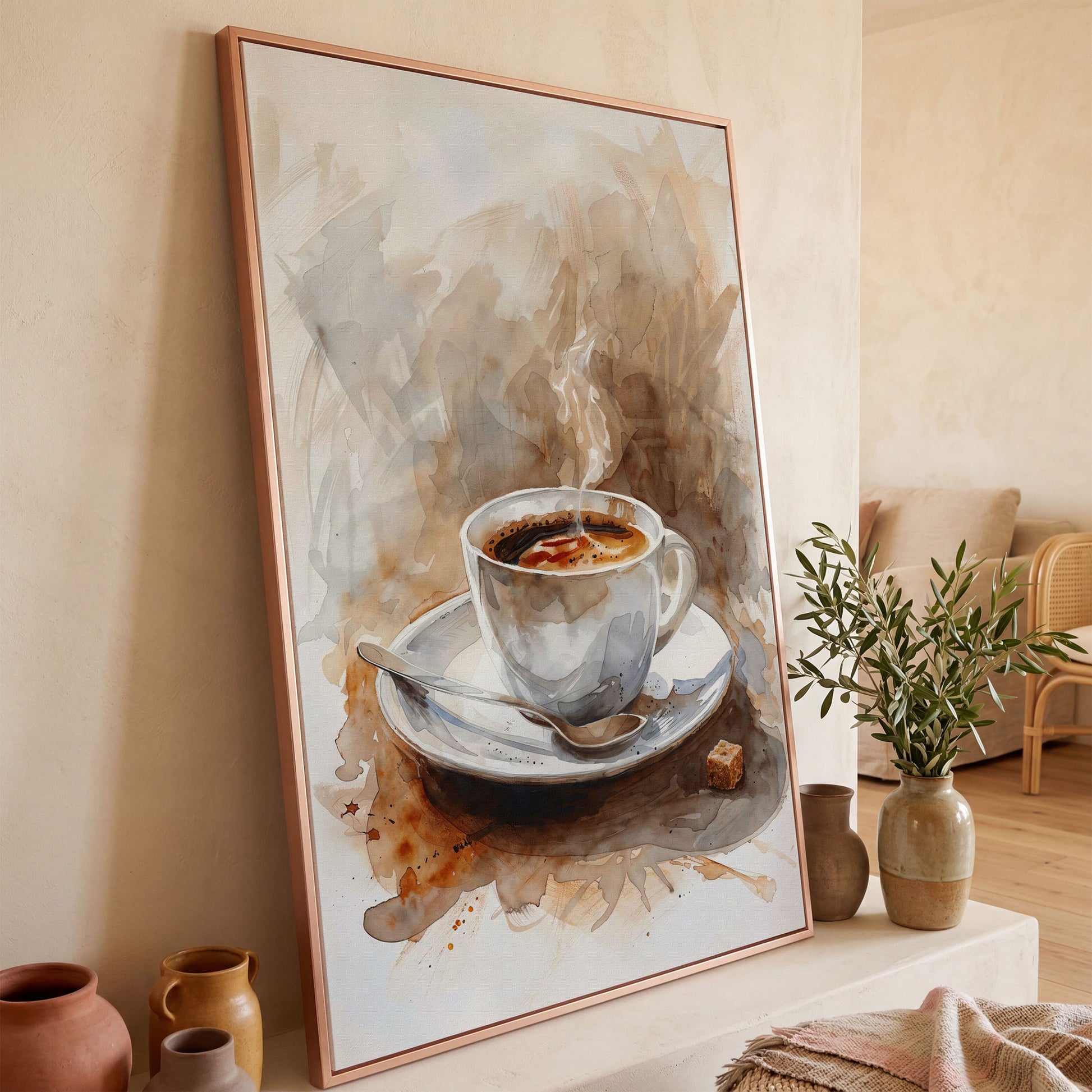 Elegant Coffee Cup Canvas Print for Modern Kitchen in rose gold floating frame