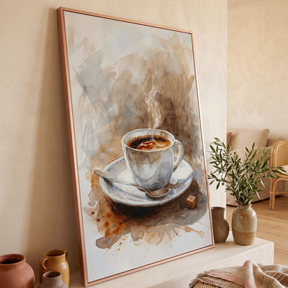 Elegant Coffee Cup Canvas Print for Modern Kitchen in rose gold floating frame