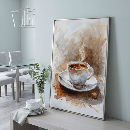 Elegant Coffee Cup Canvas Print for Modern Kitchen in silver floating frame