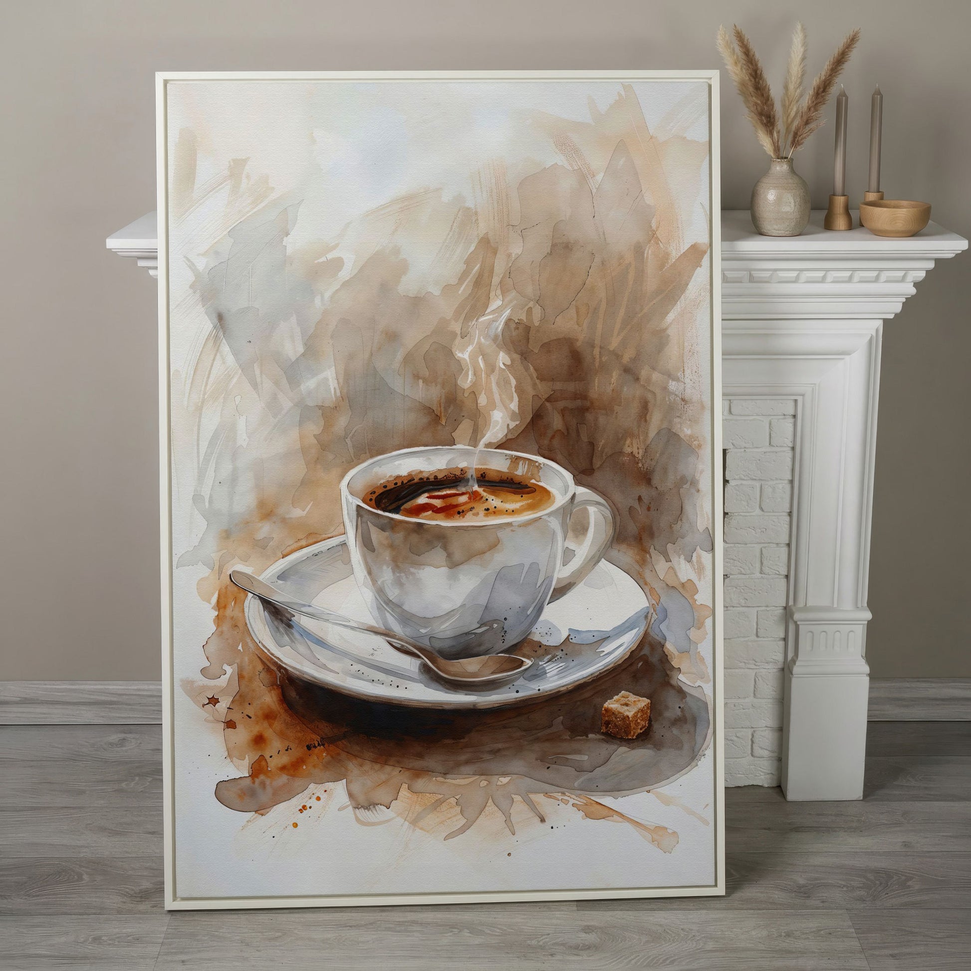 Elegant Coffee Cup Canvas Print for Modern Kitchen in white floating frame