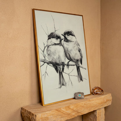 Chickadees Sketch Style Canvas in antique gold floating frame