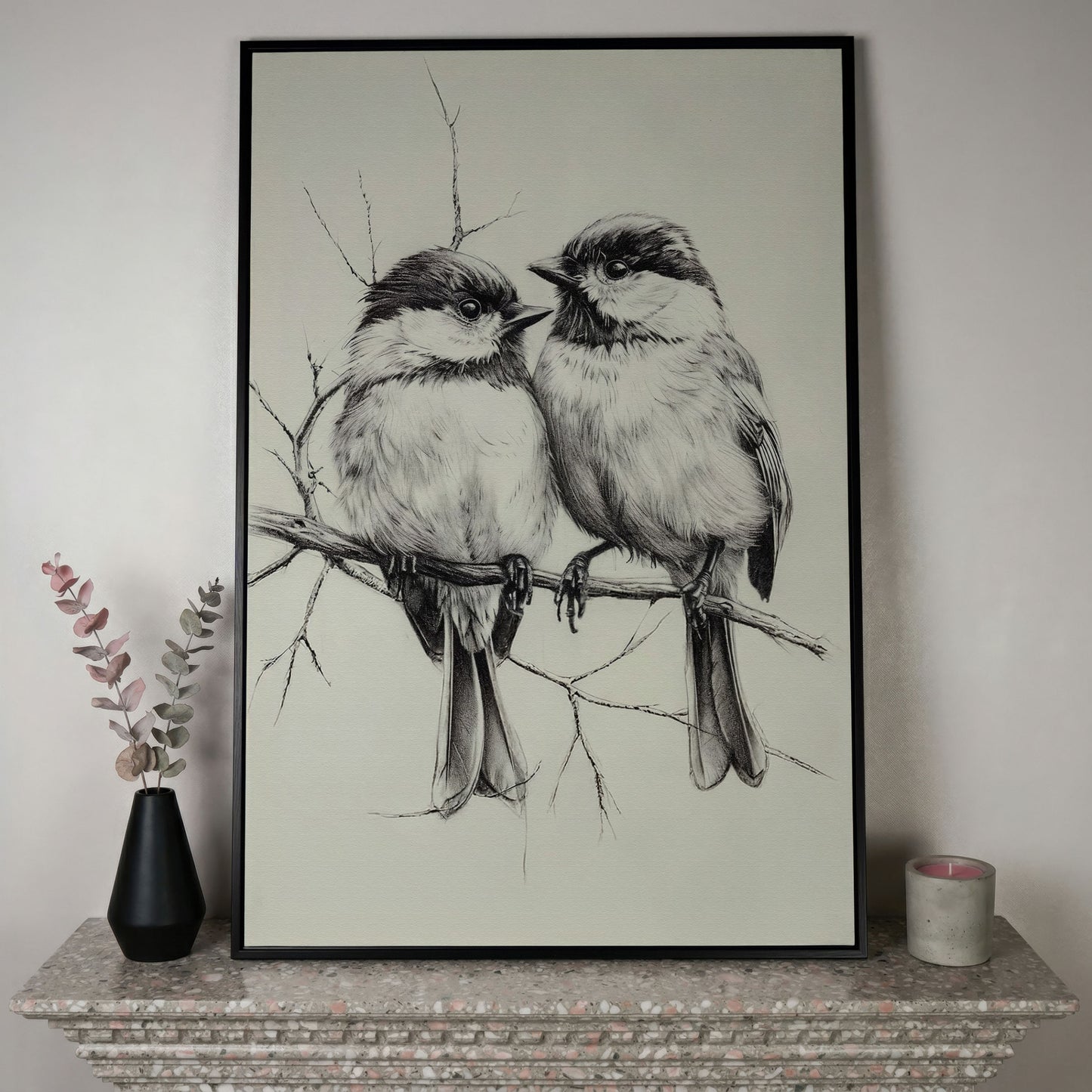 Chickadees Sketch Style Canvas in black floating frame