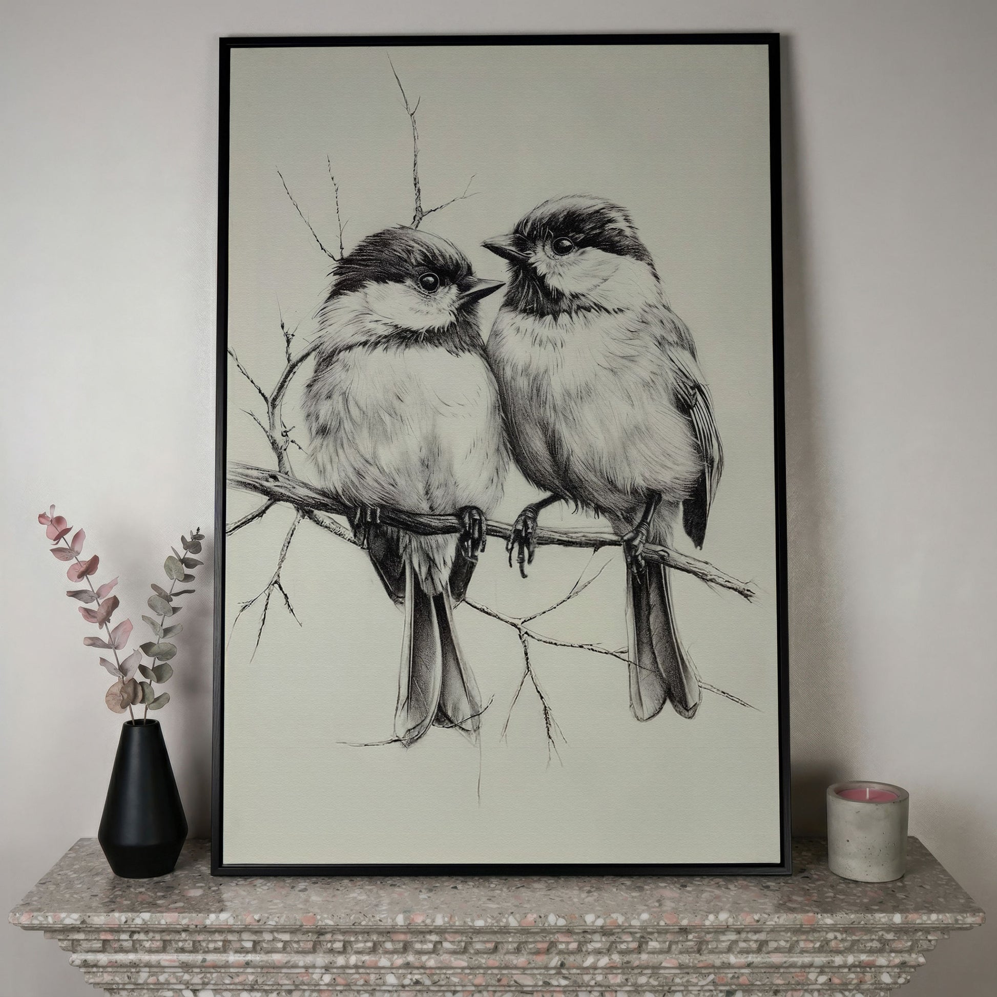 Chickadees Sketch Style Canvas in black floating frame