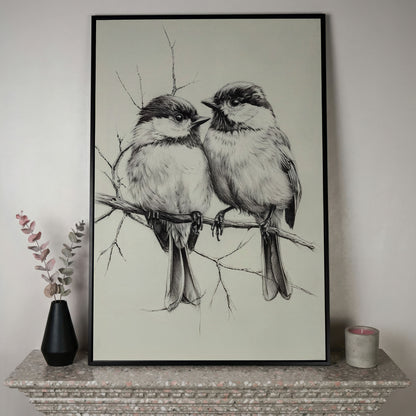 Chickadees Sketch Style Canvas in black floating frame