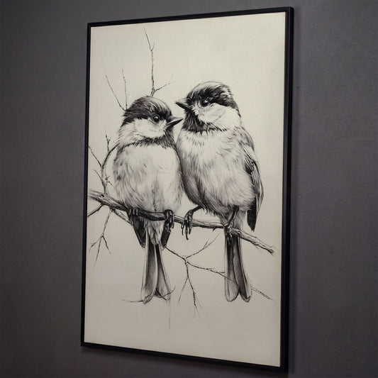 Chickadees Sketch Style Canvas shown in black floating frame