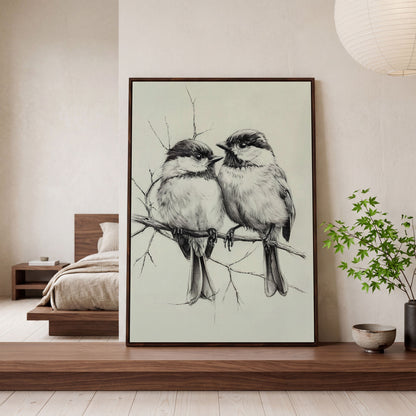 Chickadees Sketch Style Canvas in dark walnut floating frame