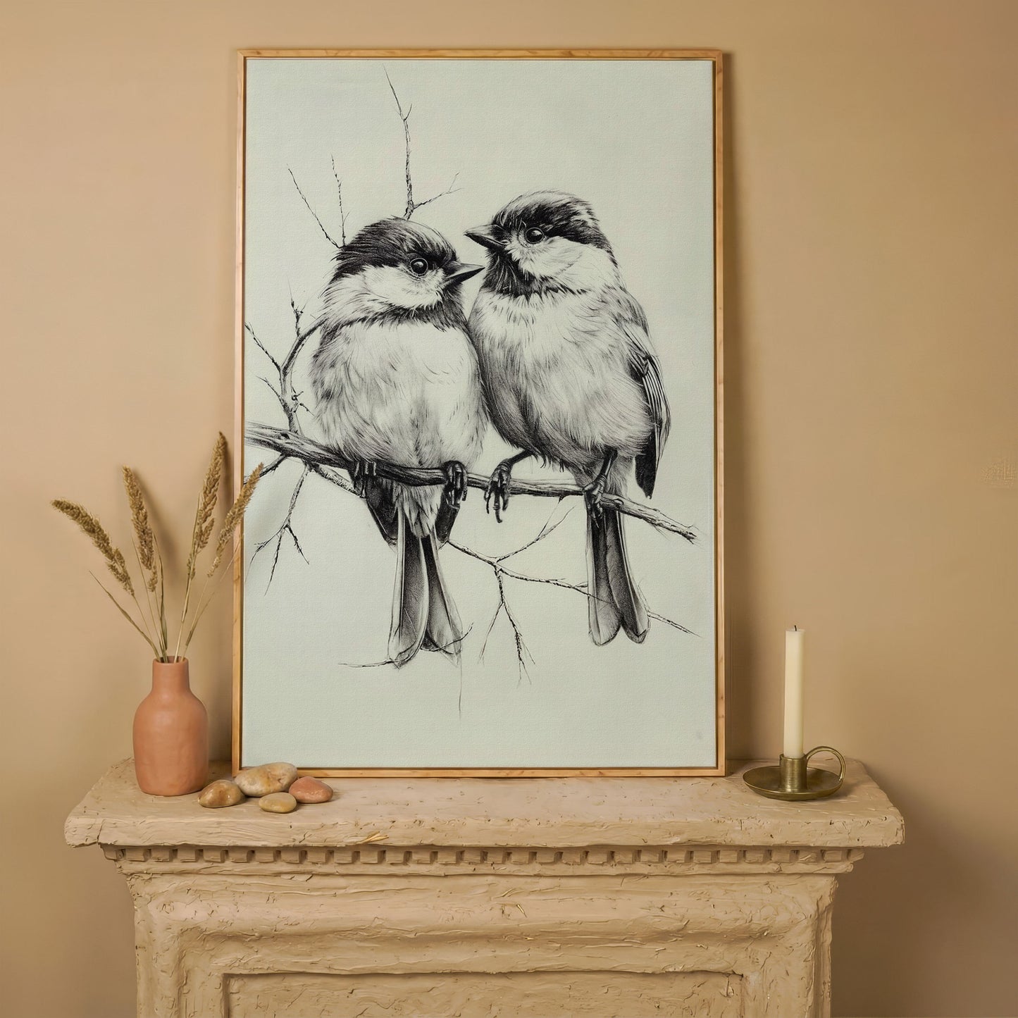 Chickadees Sketch Style Canvas in white oak floating frame
