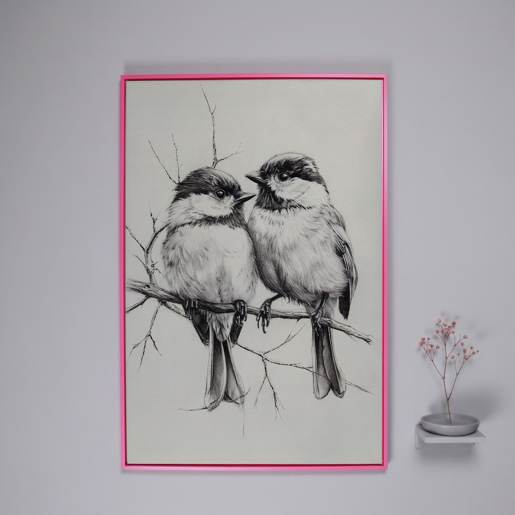Chickadees Sketch Style Canvas in pink floating frame
