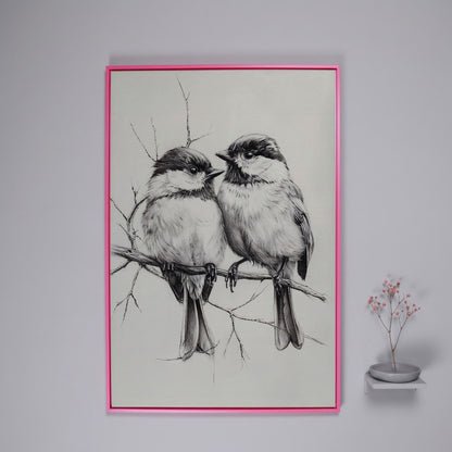 Chickadees Sketch Style Canvas in pink floating frame