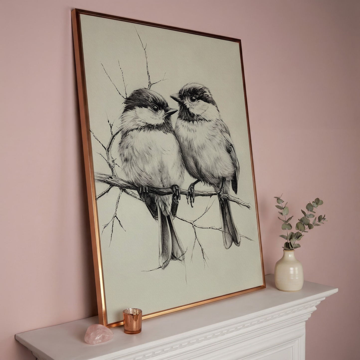 Chickadees Sketch Style Canvas in rose gold floating frame