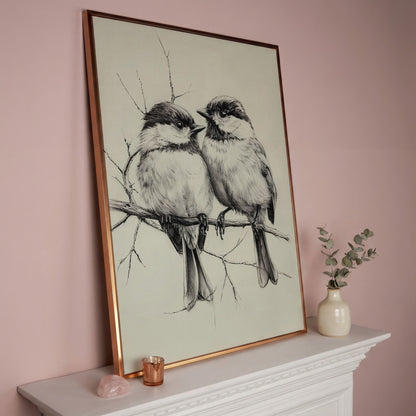 Chickadees Sketch Style Canvas in rose gold floating frame