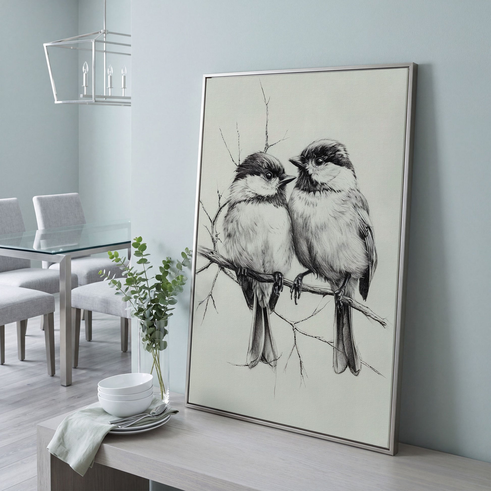 Chickadees Sketch Style Canvas in silver floating frame