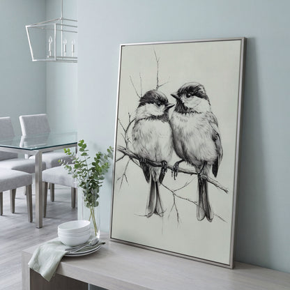 Chickadees Sketch Style Canvas in silver floating frame