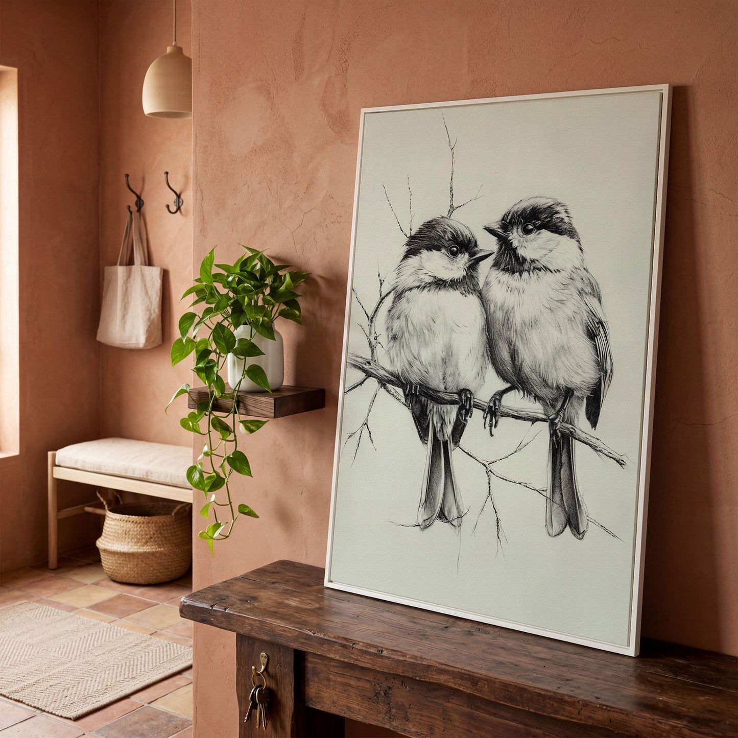 Chickadees Sketch Style Canvas in white floating frame