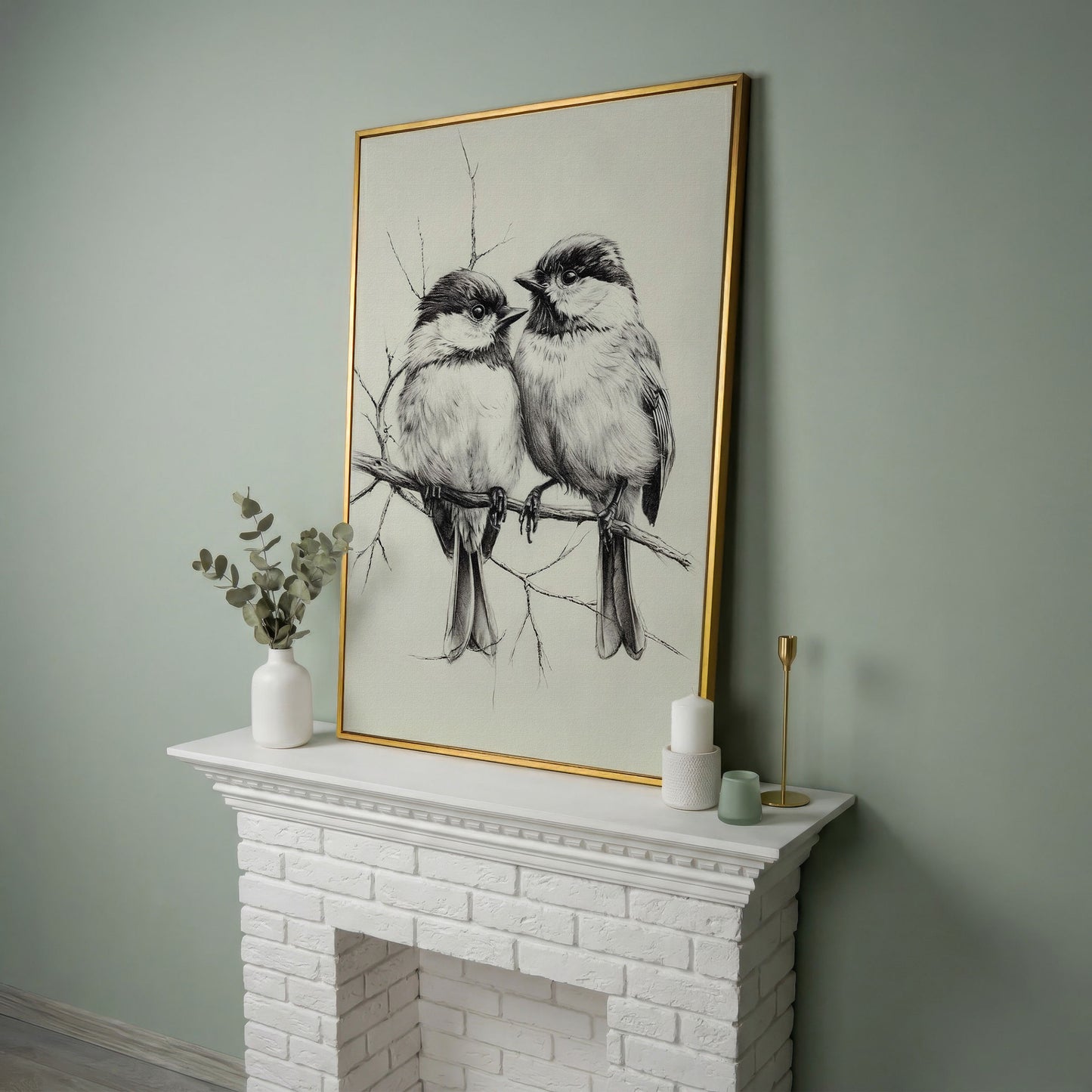 Chickadees Sketch Style Canvas in yellow gold floating frame