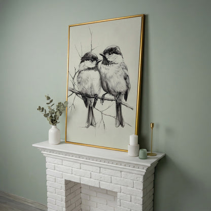 Chickadees Sketch Style Canvas in yellow gold floating frame