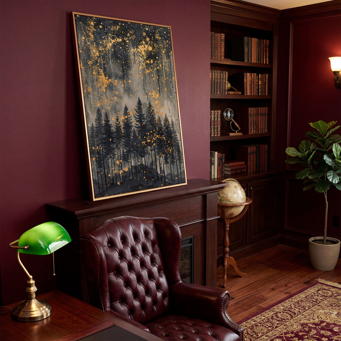 Mystical Forest Under Starry Night Canvas in antique gold floating frame