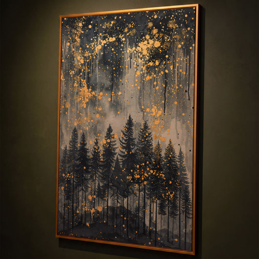 Mystical Forest Under Starry Night Canvas shown in antique gold floating frame