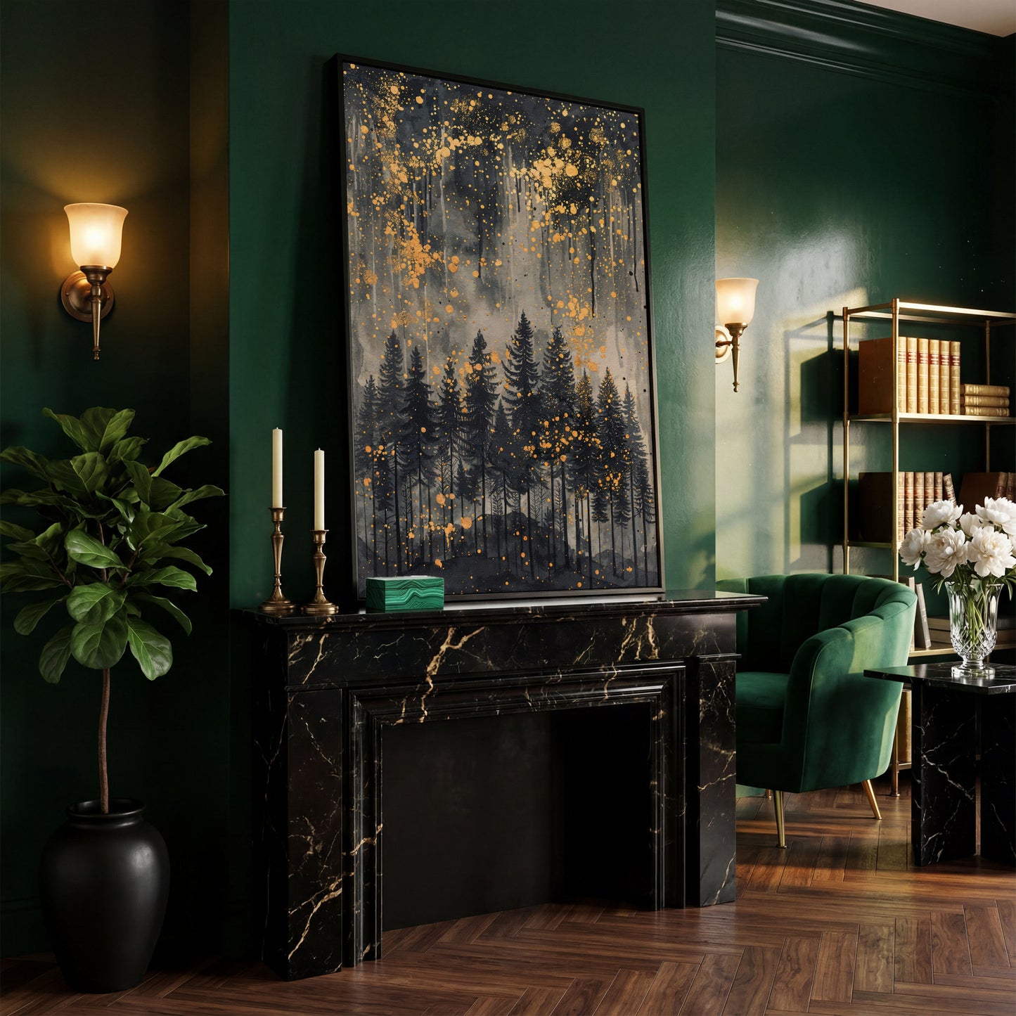 Mystical Forest Under Starry Night Canvas in black floating frame