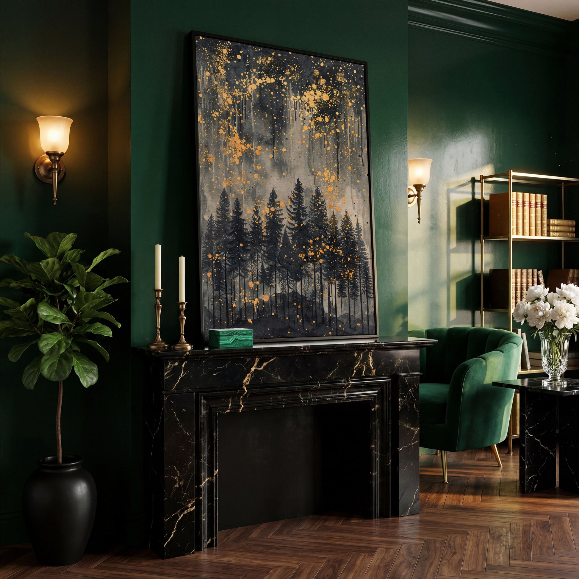 Mystical Forest Under Starry Night Canvas in black floating frame