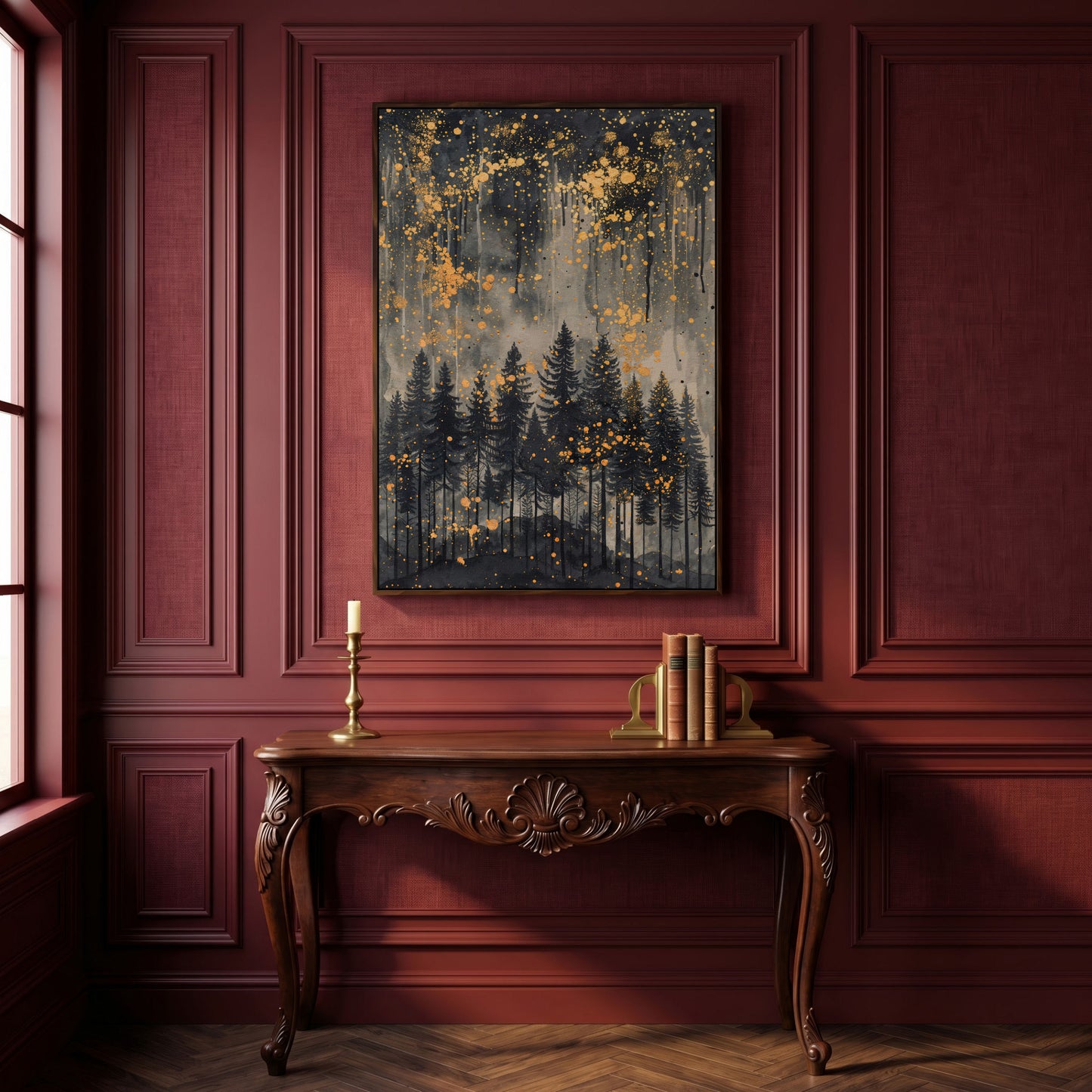 Mystical Forest Under Starry Night Canvas in dark walnut floating frame